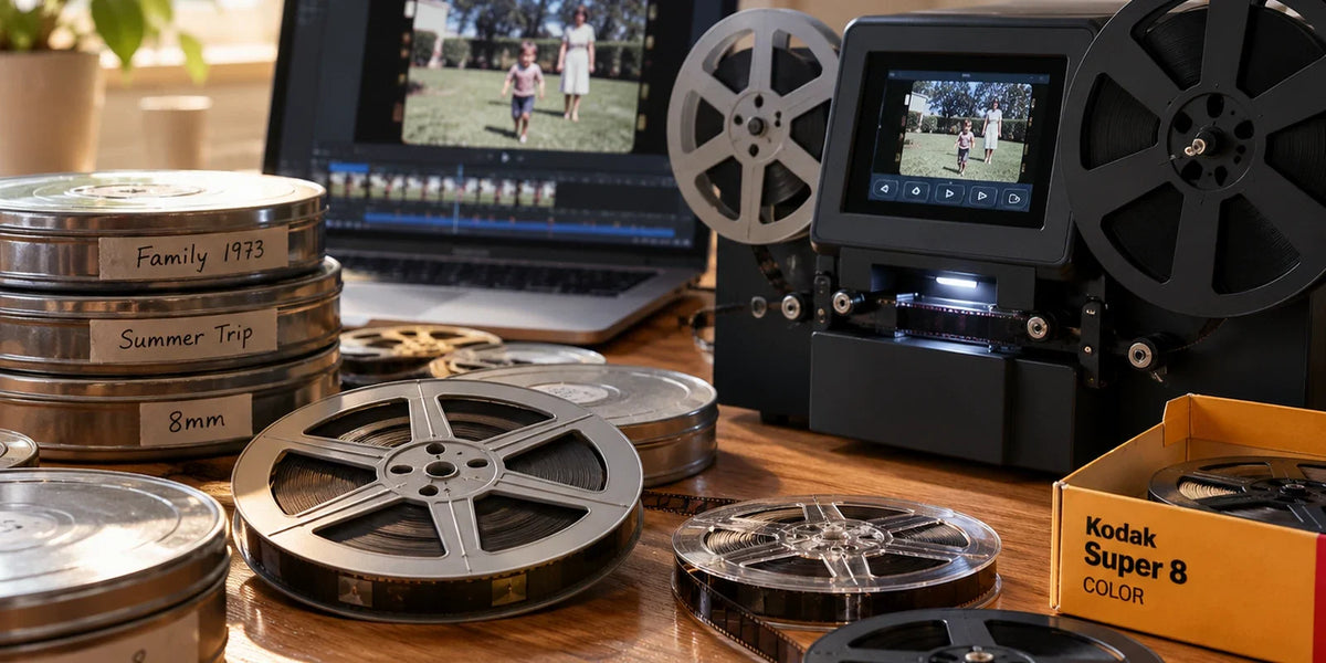 Several 8mm and Super 8 film reels in their cans on a wooden table beside a home film scanner