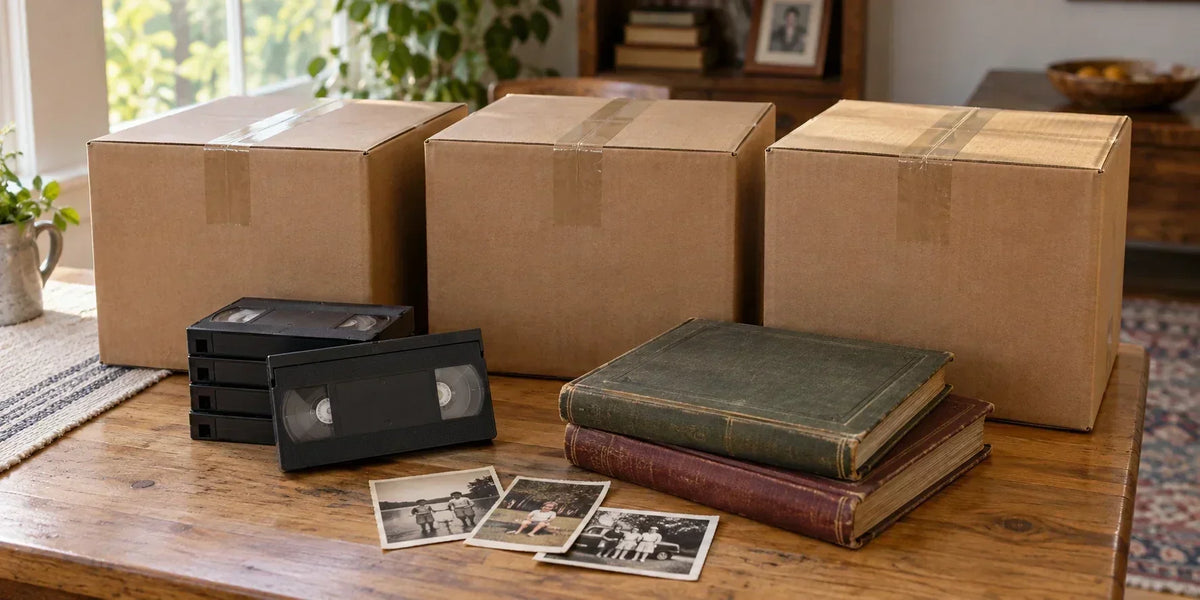 Three sealed mail-in shipping boxes packed with old VHS tapes and photo albums, ready to send for digitizing