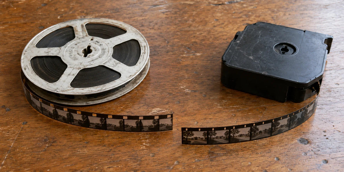 A Regular 8mm film reel and a Super 8 cartridge with a strip of each film laid side by side on a wooden table