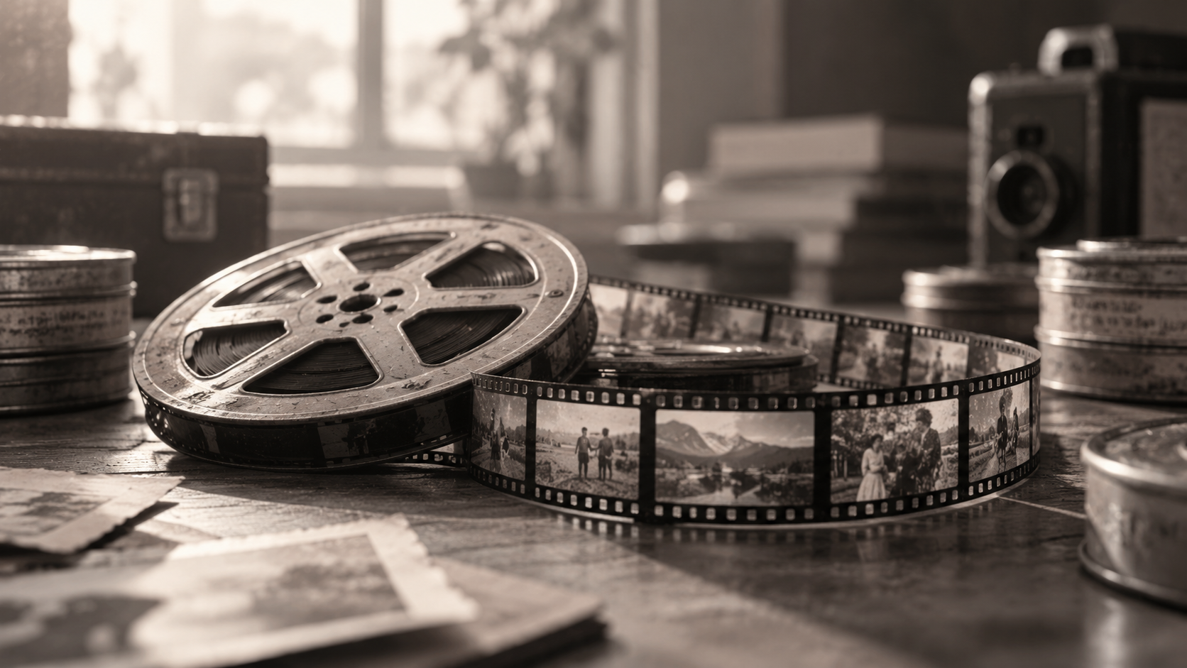 Old film reels and strips of movie film