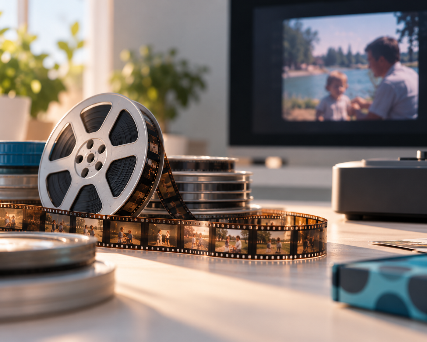 Film reels and discs beside a television playing a family home movie