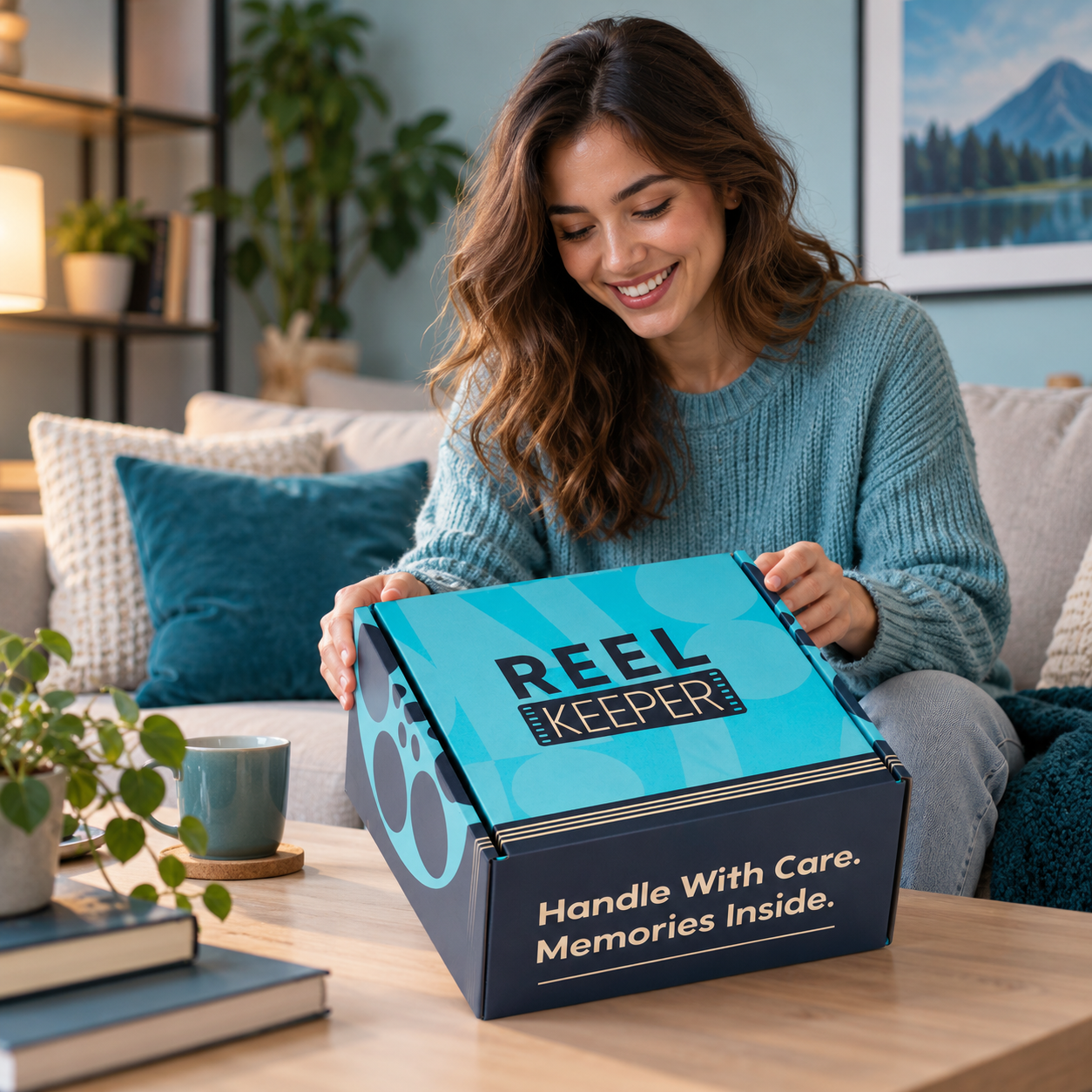 Customer holding a Reel Keeper photo digitizing box